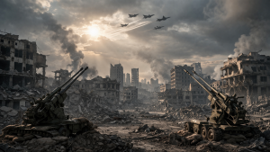 Crimes de Guerra. Imagem gerada com o auxílio de IA.